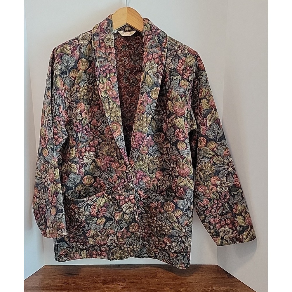 Vtg Gotcha Covered Floral Tapestry Blazer Style 6304 Size Small Navy Mauve
